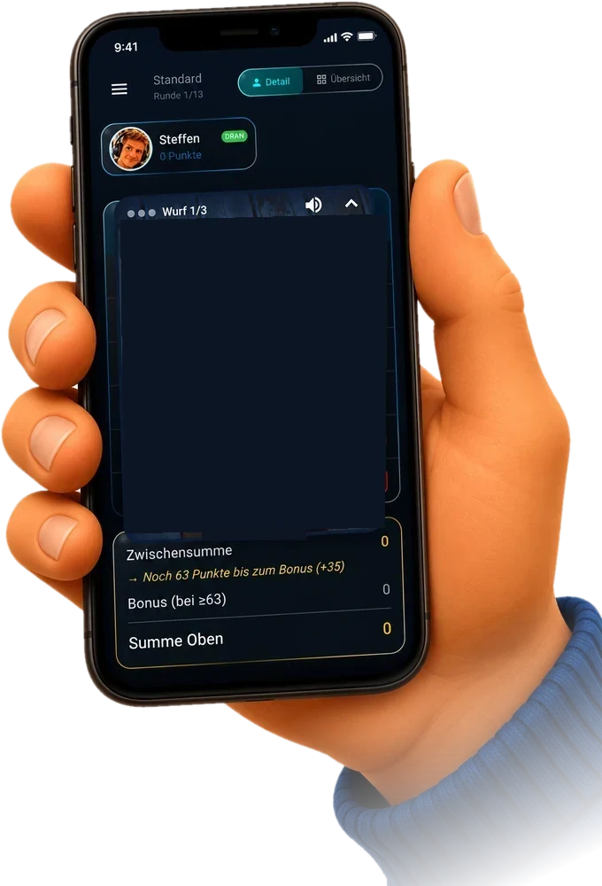 Hand hält ein Handy mit dem Kniffo-Würfelbecher