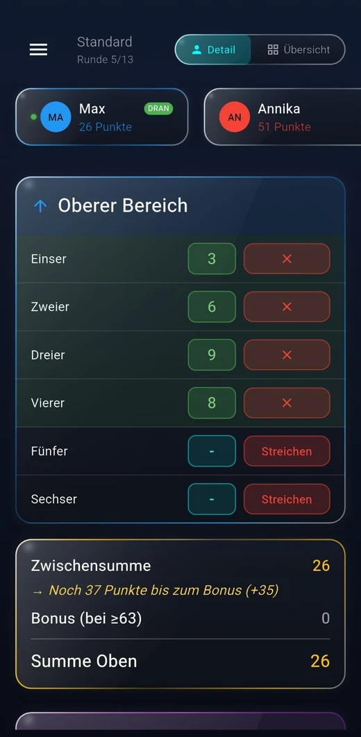 Kniffo Würfelblock mit oberem Bereich, Zwischensumme und Bonus
