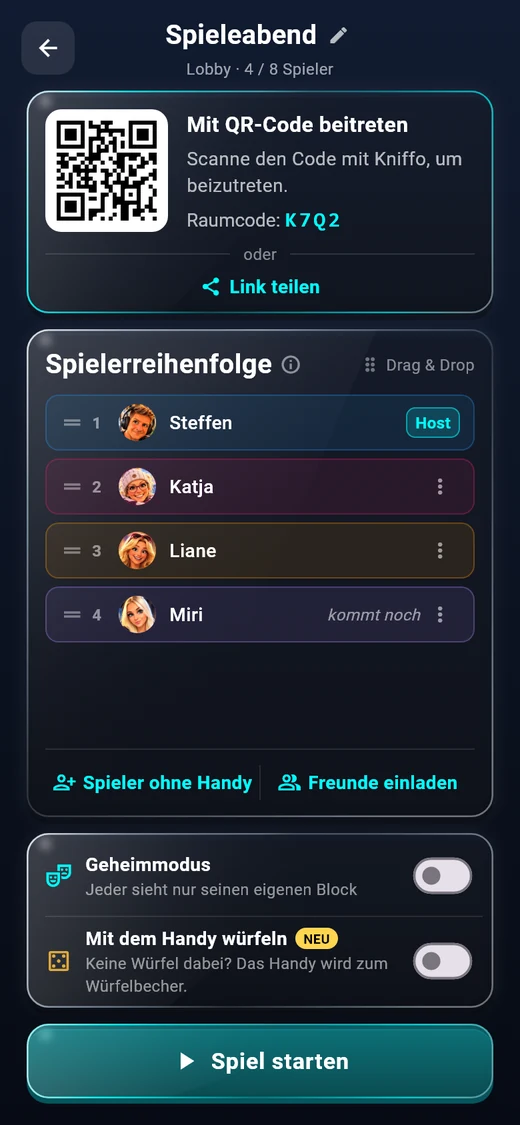 Kniffo Gastgeber-Seite mit QR-Code, Spielerliste und Optionen